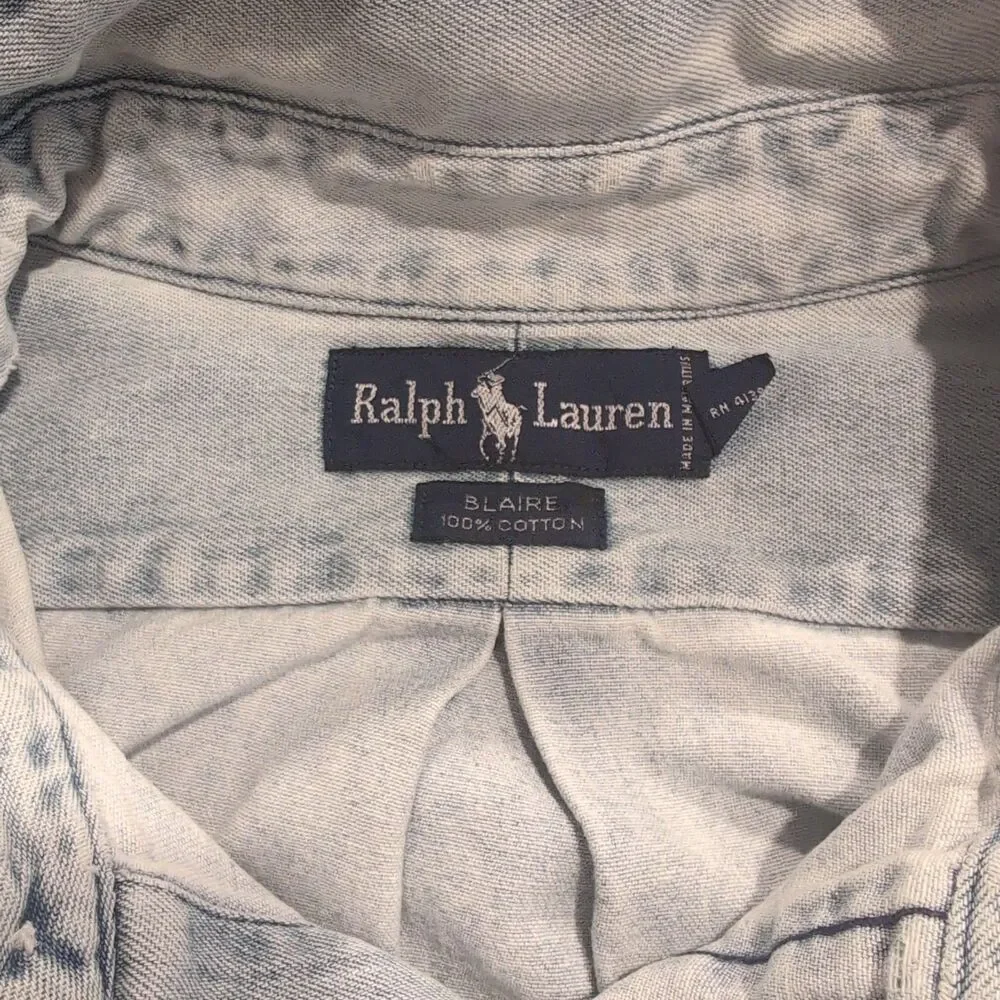 Vintage Polo Ralph Lauren Denim Shirt Men 2XL Light Wash Red Pony Blaire 90s